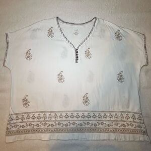 J.Jill White/Tan Embroidered Button Cotton V-Neck Tee Size XL